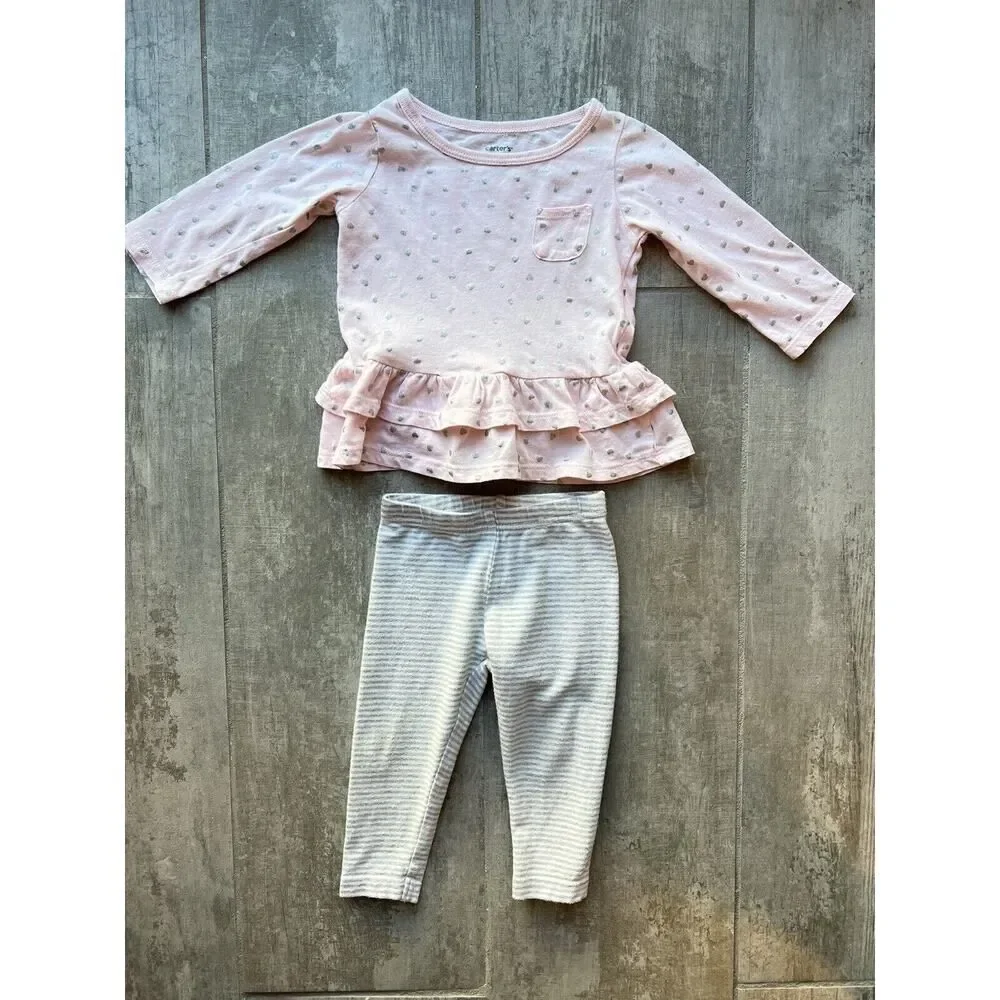 Baby Girl Pink Silver Heart Babydoll Top & Legging 2 Piece Outfit Set Cotton 6m - Picture 2 of 8